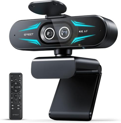 EMEET C60E Dual-Camera 4K Webcam for Streaming, Wide-Angle and Telephoto Cameras, Max 11X Hybrid Zoom & PDAF Autofocus, Remote Control, RGB Lighting, 2 Mics, Ideal for Livestreaming and Online Meeting - style: Dual-Camera w/ Remote