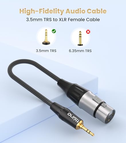 Tisino XLR to 3.5mm Balanced Cable Adapter, Gold-Plated XLR Female to 1/8 inch Mini Jack Aux Mono Audio Cord for Shotgun or Condenser Microphones - 1ft | XLR Female to 1/8" Jack Microphone Cable for Shotgun Mic/DSLR Camera, Gold-Plated Aux to XLR Audio Ca
