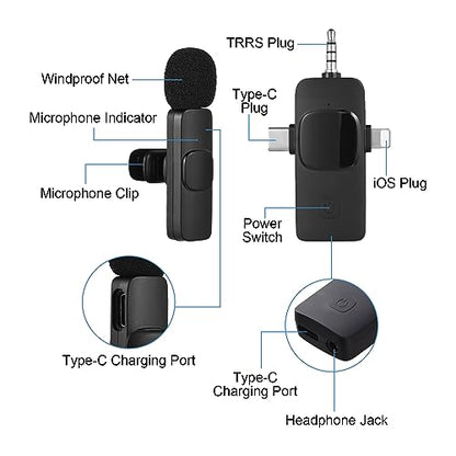 Wireless Lavalier Microphone 3-in-1 Wireless Clip-on Mic Transmitter and Receiver (2 Transmitters, 1 Receiver)