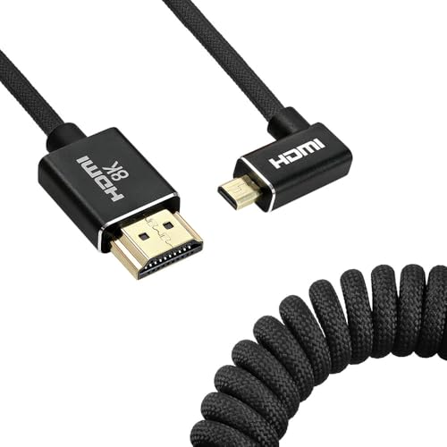 Uonecn Right-Angle Micro HDMI to HDMI Cable Coiled for Atomos Ninja-V, HDMI to Micro HDMI Spring Cord for Canon R5C R5 R6, Support 3D HDR 1080P HD eARC, Right Angle Black 12-18" - color: Black Braided, size: 12-18"(R-A)