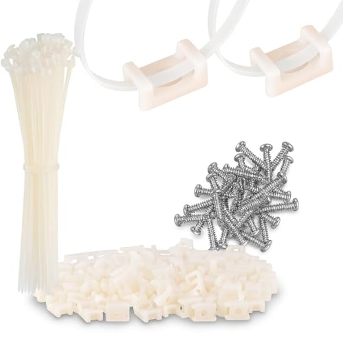 GTSE 8 Inch White Zip Ties, Saddle Mounts and Self Tapping Screws Set, 100 Pack Cable Ties, 50lb Strength, UV Resistant Strong Self-Locking Tie Wraps - color: White, style: 0.2 " Wide / 0.14" Screw Hole Mounts and Zip Tie Set