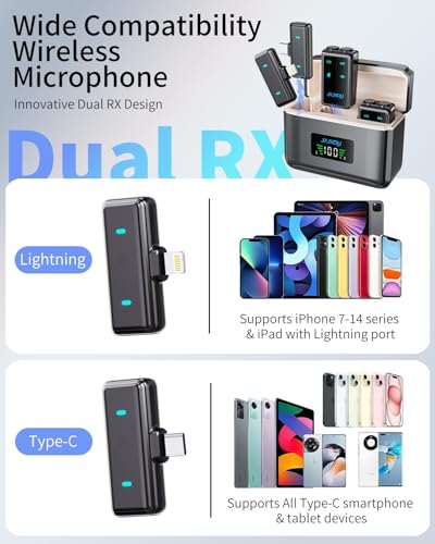 Wireless Lavalier Microphone for iPhone:JXJXQU Mic with Smart Noise Reduction/Reverb Effect/30H+ Battery Mini Design Suitable for Podcast/Vlogging/Video Recording - Compatible with iOS/Android Phones - size: 2T2R Black Mic for iOS/Android