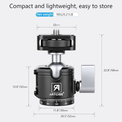 SH22 Mini Ball Head – Compact 360° Rotating Camera Mount with 1/4" Screw, Cold Shoe Accessory Holder, 90° Tilt for DSLR, Mirrorless, Smartphones and Lighting Accessories