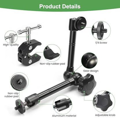MOKOSE 10 inch Articulating Magic Arm with Super Clamp and Wall Mount Base,Friction Arm Mount for LCD Monitor LED Light Camera Rig