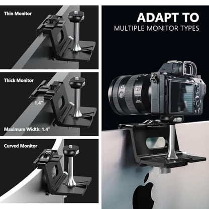 RAUBAY 【Upgraded】 Monitor Camera Mount Stand, Hanging Webcam Clamp with 1/4" Screw, MILC Monitor Top Support for Live Stream, etc. Compatible with Curved Monitors, Maximum Width up to 1.4" CM02 - style: CM02