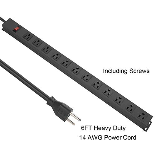 Metal Wall Mount Power Strip, Mountable Power Outlet with 12 AC Outlets, Aluminum Alloy Mount Power Socket with Switch, 6 FT SJT 3/C 14AWG Power Cord, 15A 125V 1875W (12AC) Black - size: 6 ft, style: 12 Outlets