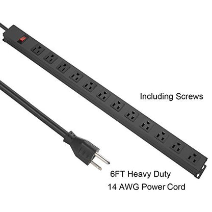 Metal Wall Mount Power Strip, Mountable Power Outlet with 12 AC Outlets, Aluminum Alloy Mount Power Socket with Switch, 6 FT SJT 3/C 14AWG Power Cord, 15A 125V 1875W (12AC) Black - size: 6 ft, style: 12 Outlets