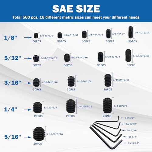 1130PCS Set Screws, 32 Sizes Metric & SAE Set Screw Assortment Kit, Allen Head Socket Hex Grub Screws for Bathroom Fixtures, Door Handles, Alloy Steel Black (M3-M8, 1/8"-40 to 5/16"-18) - size: 1130PCS-Black