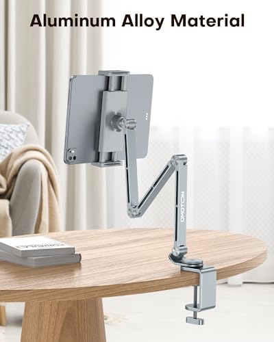 OMOTON Tablet Stand for iPad with 360° Rotation, GH03 Aluminum Alloy Long Arm Phone Mount with 2 Plastic Clamps (Phone & Tablet), Adjustable Holder for 4-13" iPad Pro/iPhone, Grey - color: Grey
