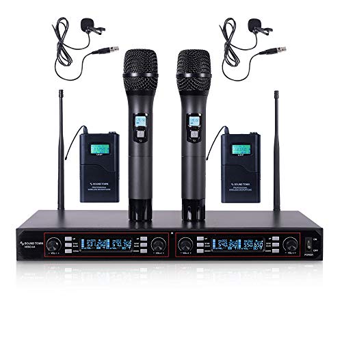 Sound Town 200-Channel Rack Mountable Professional Adjustable UHF Wireless Microphone System with Metal Receiver, 2 Handheld Mic, 2 Lavalier Mic, 2 Bodypack Transmitter (NESO-U4HL) - color: Matte & Jet Black