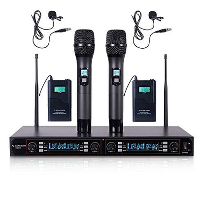 Sound Town 200-Channel Rack Mountable Professional Adjustable UHF Wireless Microphone System with Metal Receiver, 2 Handheld Mic, 2 Lavalier Mic, 2 Bodypack Transmitter (NESO-U4HL) - color: Matte & Jet Black