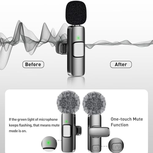 Wireless Mini Microphone, 2 Pack Wireless Lavalier Lapel Mic for Phones and Tablets, 2 in 1 Noise Reduction Lapel Mic for Video Recording Interview Podcast, Clip-on Mini Mic for Content Creators