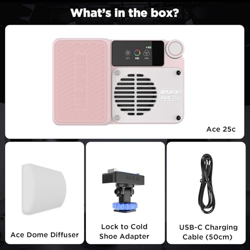 Amaran Ace 25c Pocket RGBWW LED Light, Boost Mode Up to 32W, Full-Color Mini Video Light (2,300-10,000K), 1,171 Lux@1m at 5,600K, 4500mAh Battery with PD Fast Charging for Mobile Creators (Pink) - color: Pink