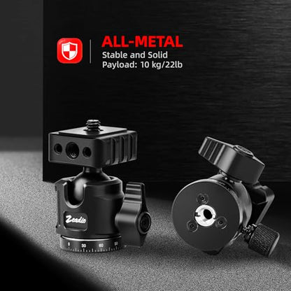 Zeadio Mini Ball Head, All Metal 360° Rotatable Panoramic Tripod Head with 1/4" Screw & Cold Shoe Mount, 10kg/22lbs Load Capacity Compact Camera Mount for DSLR Cameras, Monopod, Tripod, Vlogging etc - style: Dual Cold-shoe Version