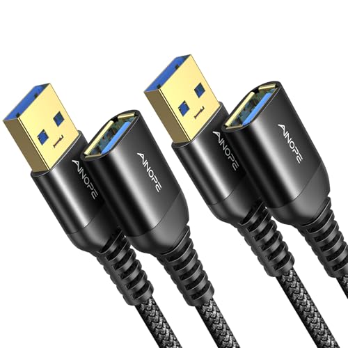 AINOPE 2 Pack USB Extensions Cable High Speed USB 3.0 Extension Cord Type A Male to Female Sturdy Braided Material Fast Data Transfer Compatible with USB Keyboard,Mouse,Flash Drive,Black,10FT+10FT - color: Black, size: 10FT+10FT