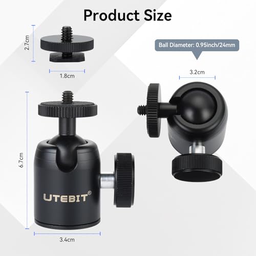 UTEBIT Mini Ball Head, with 3/8" to 1/4" Adapter Ballheads Black | 360° Pan 90° Tilt Tripods Mount with 24mm Ball Head Metal Low Profile, Camera Mount Adapter Holder for Phone/DLSR Camera - style: 24mm Ball Head
