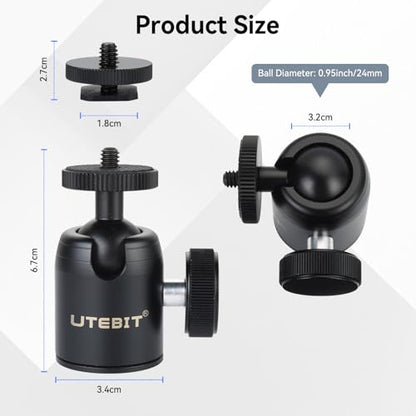 UTEBIT Mini Ball Head, with 3/8" to 1/4" Adapter Ballheads Black | 360° Pan 90° Tilt Tripods Mount with 24mm Ball Head Metal Low Profile, Camera Mount Adapter Holder for Phone/DLSR Camera - style: 24mm Ball Head