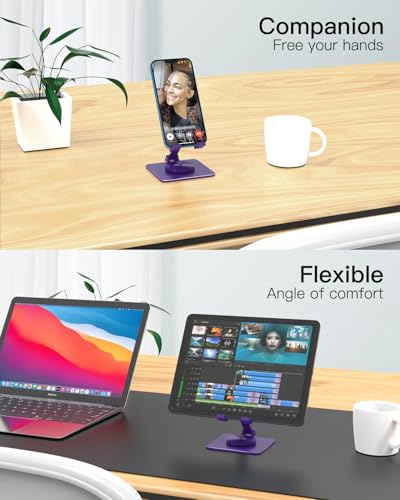 Adjustable Phone & Tablet Stand, Fits 4–9.7in Devices, Purple | 360° Viewing Flexibility • Reinforced Aluminum Build • Dual-Hinge Adjustment • Travel-Ready Storage - color: Purple