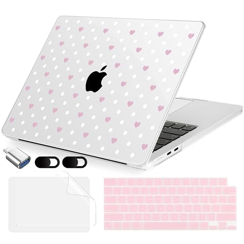 MecBevia Compatible with 2026 M5 MacBook Air 13 inch Case 2026 2025 2024-2022 M5 A3449 M4 A3240 M3 A3113 M2 A2681, Keyboard Cover, Screen Protector, Webcam Cover & Type-C OTG, Heart Shaped Dots - color: Heart Shaped Dots
