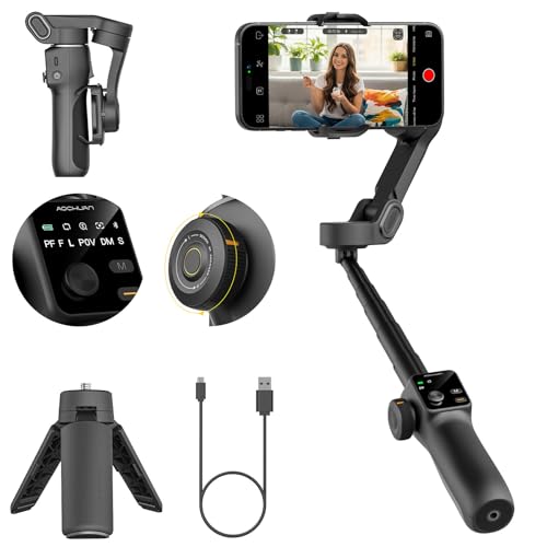 AOCHUAN 3-Axis Gimbal Stabilizer for iPhone, Smartphone Gimbal w/7.8" Extension Rod, OLED Display, Phone Stabilizer w/Face Tracking, Gesture Control, Video Record for iPhone & Android - Smart V8 Black - color: Black, size: V8 without RC