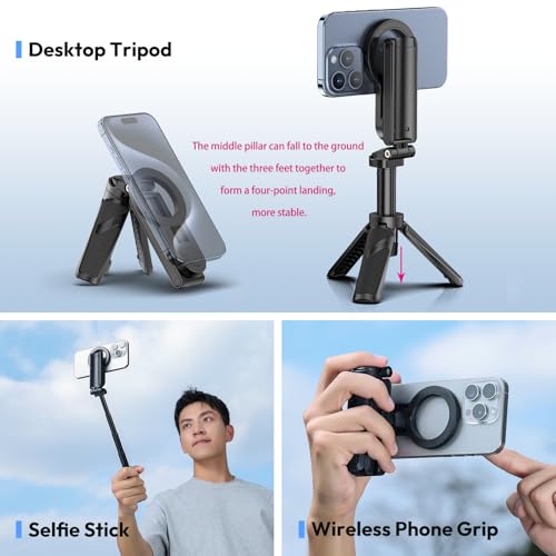 ULANZI JJ03 Magnetic Mini Tripod for Phone with Remote, 3-in-1 Pocket Selfie Stick Handle Grip, 360° Rotation Extendable Tripod Stand for iPhone Android Phones, for iPhone 17 16 15 14 13 12 Series