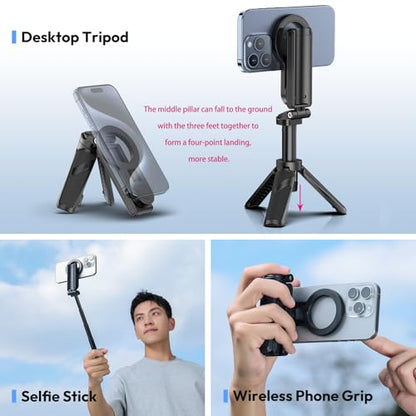 ULANZI JJ03 Magnetic Mini Tripod for Phone with Remote, 3-in-1 Pocket Selfie Stick Handle Grip, 360° Rotation Extendable Tripod Stand for iPhone Android Phones, for iPhone 17 16 15 14 13 12 Series