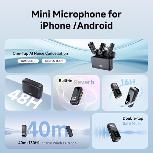 Wireless lavalier Microphone for iPhone 15 16 17 pro Android Phone Mini Mics,130ft 48h Battery, Noise Canceling Lapel Mic System for Sport Speaker Recording Video Facebook tiktok Outdoor