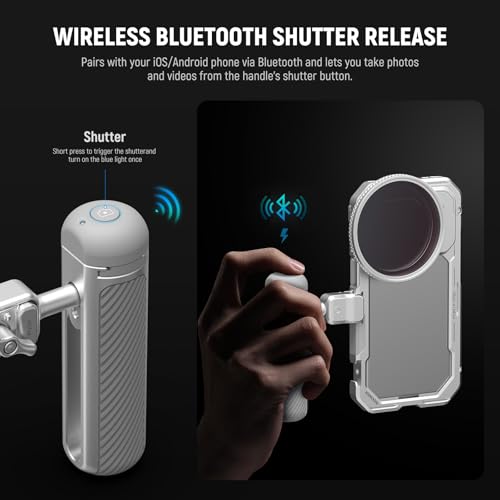 NEEWER Quick Release Side Handle with Detachable Bluetooth Shutter, Anti Off Cold Shoe, 360° Rotation, Compatible with iPhone 16 Pro 16 Pro Max S25 Ultra Phone Cage Accessories, Silver + Gray, PA045E - style: PA045E Silver/Gray