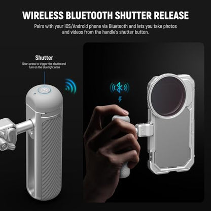 NEEWER Quick Release Side Handle with Detachable Bluetooth Shutter, Anti Off Cold Shoe, 360° Rotation, Compatible with iPhone 16 Pro 16 Pro Max S25 Ultra Phone Cage Accessories, Silver + Gray, PA045E - style: PA045E Silver/Gray