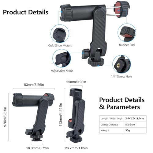 Dual Cold Shoe Phone Mount Holder — Universal Adjustable Smartphone Clamp with Dual Cold Shoe Mounts for Microphone & LED Light, 360° Rotating Ball Head, 1/4"-20 Tripod Screw Compatible