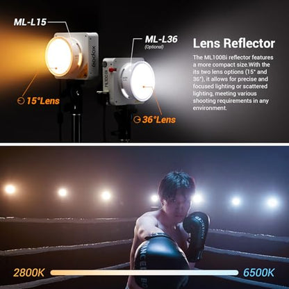 Godox ML100Bi 100W Portable LED Video Light,CRI 97+/TLCI 98+,0%-100% Brightness& Bi-Color COB Continuous Output Lighting 2800-6500K,11 FX Lighting Effects,App Control Mini Photography Light - color: ML100Bi