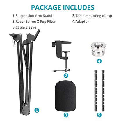Razer Seiren X Mic Boom Arm Stand with Pop Filter, Compatible with Razer Seiren X USB Microphone with Cable Sleeve by SUNMON