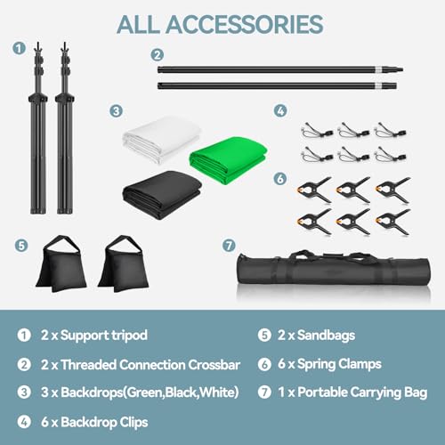7x10 FT Photography Background Support System, Adjustable Photo Video Studio Backdop Stand Kit with 3 Polyster Background (Black, White, Green), Spring Clamps, Sandbags and Carry Bag - color: Green, Black, White