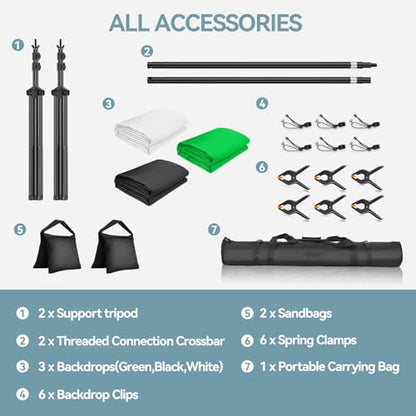 7x10 FT Photography Background Support System, Adjustable Photo Video Studio Backdop Stand Kit with 3 Polyster Background (Black, White, Green), Spring Clamps, Sandbags and Carry Bag - color: Green, Black, White