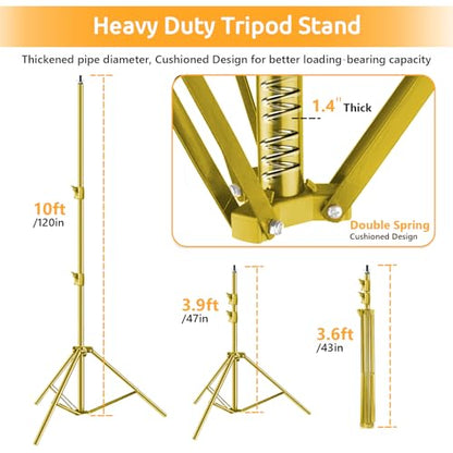 HYJ-INC Photo Video Studio Backdrop Stand- Titanium Gold, 12(W) x 10(H) ft Heavy Duty Adjustable Photography Muslin Background Support System Kit with Carry Bag,4 Spring Clamps
