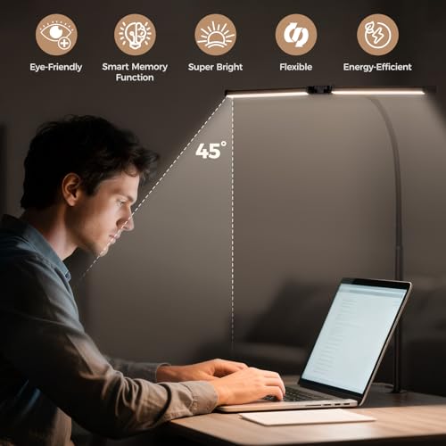 Voncerus LED Desk Lamp for Home Office, Double Head Architect Light with Clamp, Computer Monitor Clip on Light, 3 Modes and 10 Brightness, Adjustable Flexible Goose-Neck, Table Task Lamp, Black - color: Black Pro