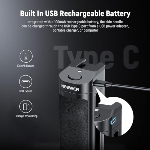 NEEWER Bluetooth Side Handle Shutter Release with 2.2"-3.2"/55-82mm 360° Phone Clamp & SSD Holder, Cold Shoes, 100mAh Rechargeable Battery Compatible with iPhone Samsung T5/T7/T9 SSD, PA028E