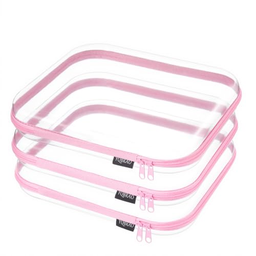YQBRAO 3-Pack Large Clear Hard Shell Zipper Case, 1.2mm Ultra-Thick Rigid Toy & Closet Organizer, Heavy-Duty Diaper Bag Pouch Set with YKK Zippers, Waterproof Travel Storage (Pink) - color: Pink, size: 3 Pack(L)