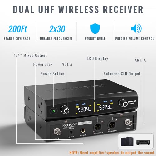 Phenyx Pro UHF Wireless Microphone System w/ 2x30 Tunable Frequencies, Metal Cordless Mic Set, 200 ft Range, 2 Bodypacks & Headsets/Lapel Mics for Speaking, Singing, Church, DJ (PTU-52-2B) | 2 Bodypacks, Auto Pair, 2 x 30 Frequencies, 200 ft Range, Hands-