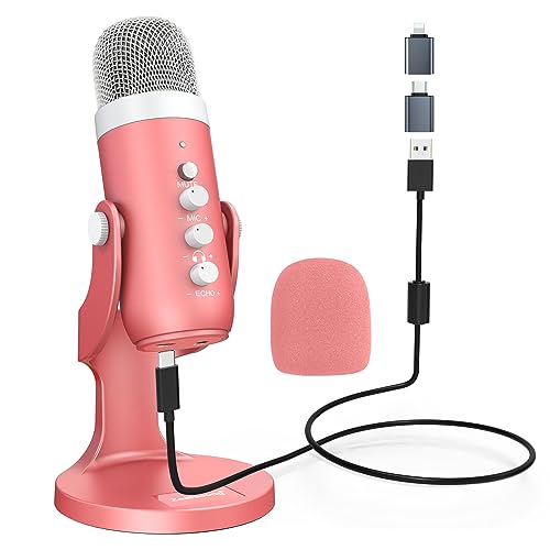 ZealSound Podcast Microphone, Noise Cancellation Mic with Gain, Volume Adjustment & Mute Button, Monitor & Echo, for ASMR, Vocal Recording, YouTube, TikTok, PC, iPhone, iPad, Android, Pearlescent Pink - color: Pearlescent Pink