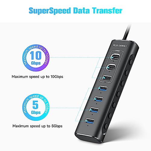 Powered USB Hub, Rosonway 7-Port USB 3.2/USB C Hub with 10Gbps USB-A 3.2, 2 USB-C 3.2, 4 USB 3.0 Ports, Individual Switches and 12V Power Adapter, Aluminum USB Port Expander for Laptop/PC, RSH-A107C - size: 7-Port Powered USB 3.2+USB 3.0 Hub