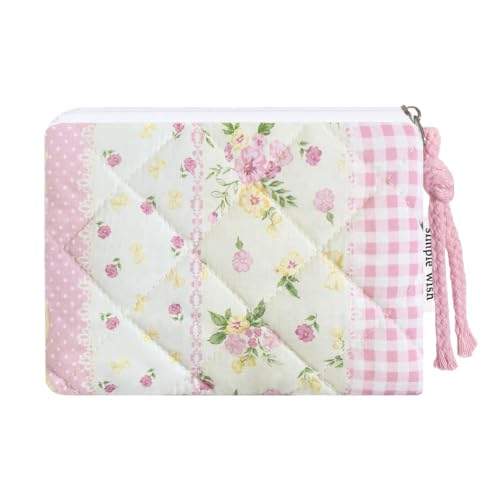 Cotton Quilted Floral Coin Purse Digital Camera Pouch with Cute Prints Zipper for Women Girls (FLORAL GINGHAM) - color: FLORAL GINGHAM