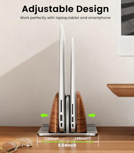 LOXP Vertical Laptop Stand, [Dual Slot Wooden + Aluminum Laptop Holder], Desktop Adjustable MacBook Stand, Adjustable Base, for MacBook Pro/Air, (up to 17.3-inch All laptops) - color: silver