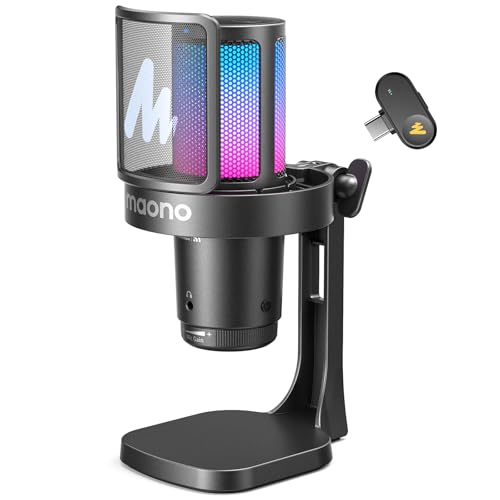 MAONO DGM20W Wireless Microphone for PC, Condenser USB Mic for Gaming Streaming with Noise Cancellation & Quick Mute,Gain Control,RGB,Software, Computer Desktop Mic for PS5 Twitch Discord, Black - color: Black