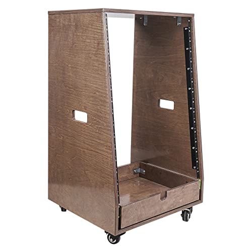Sound Town DIY 16U Slanted Recording Studio Rack with Extra 2U Drawer, Rubber Feet & Casters, Solid Baltic Birch Plywood Audio Equipment Rack, Weathered Brown (SDRK-16TBD2) - size: 16U, Weathered Brown, Slanted w/ Drawer
