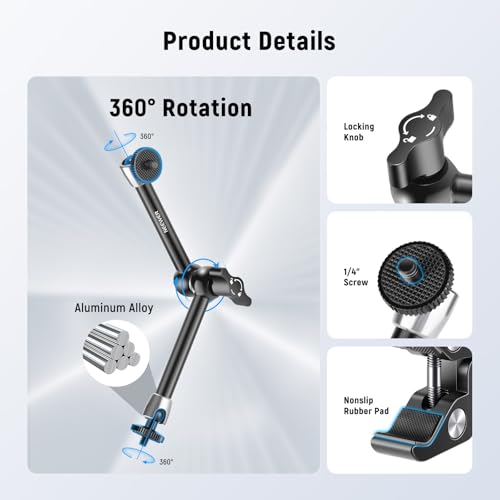 NEEWER 9.8"/25cm Magic Arm with Super Clamp & Cleaning Cloth, 1/4" & 3/8" Threads for Flash/LED Light/Microphone/DSLR Camera Monitor Compatible with SmallRig Camera Cage, Max Load: 4.4lb/2kg, ST25C - style: 9.8"/25cm w/Cleaning Cloth