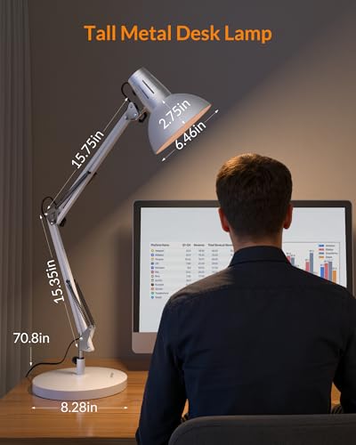 LEPOWER Metal Desk Lamp, Adjustable Goose Neck Architect Table Lamp with On/Off Switch, Swing Arm Desk Lamp with Clamp, Eye-Caring Reading Lamp for Bedroom, Study Room &Office (White) - color: White