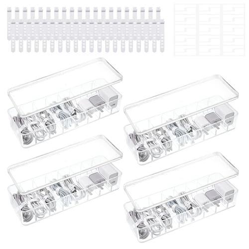 4 Pcs Cord Storage Organizer Clear Plastic Cable Storage Box with 40 Silicone Wire Ties, Cord Organizer Box with Lid for Home Office Desk Organization, Jewelry and Accessories