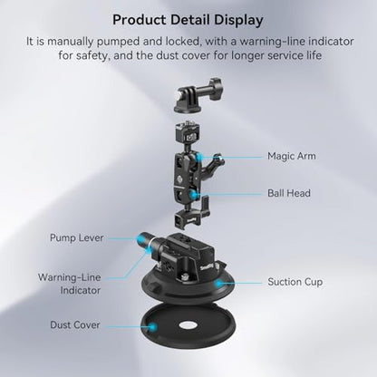 SMALLRIG 4" Camera Suction Mount with Ball Head Magic Arm, Car Mount for Lightweight Camera/Action Camera/Phone, Air Pump Vacuum Suction Cup, Max Load 3kg/6.6 Pound - 4236