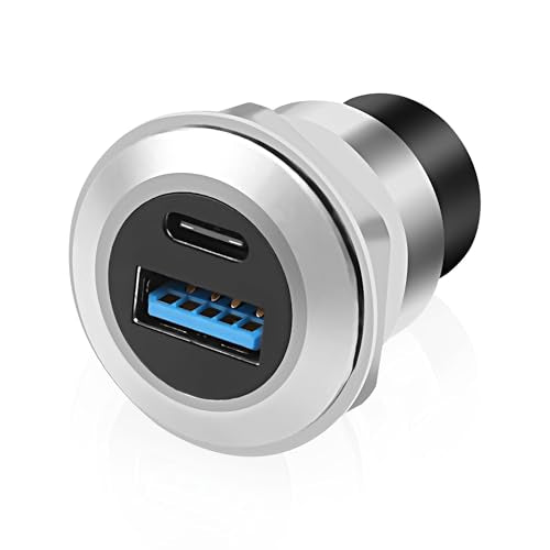 XMSJSIY USB 3.0 Type-C Panel Threaded Fixed Mount Coupler Adapter USB A/Type C 20V 3A 60W Female to Female with Anti-loosening Gasket Chassis Panel Mount Socket Connector Data Transfer (Round) - style: Round